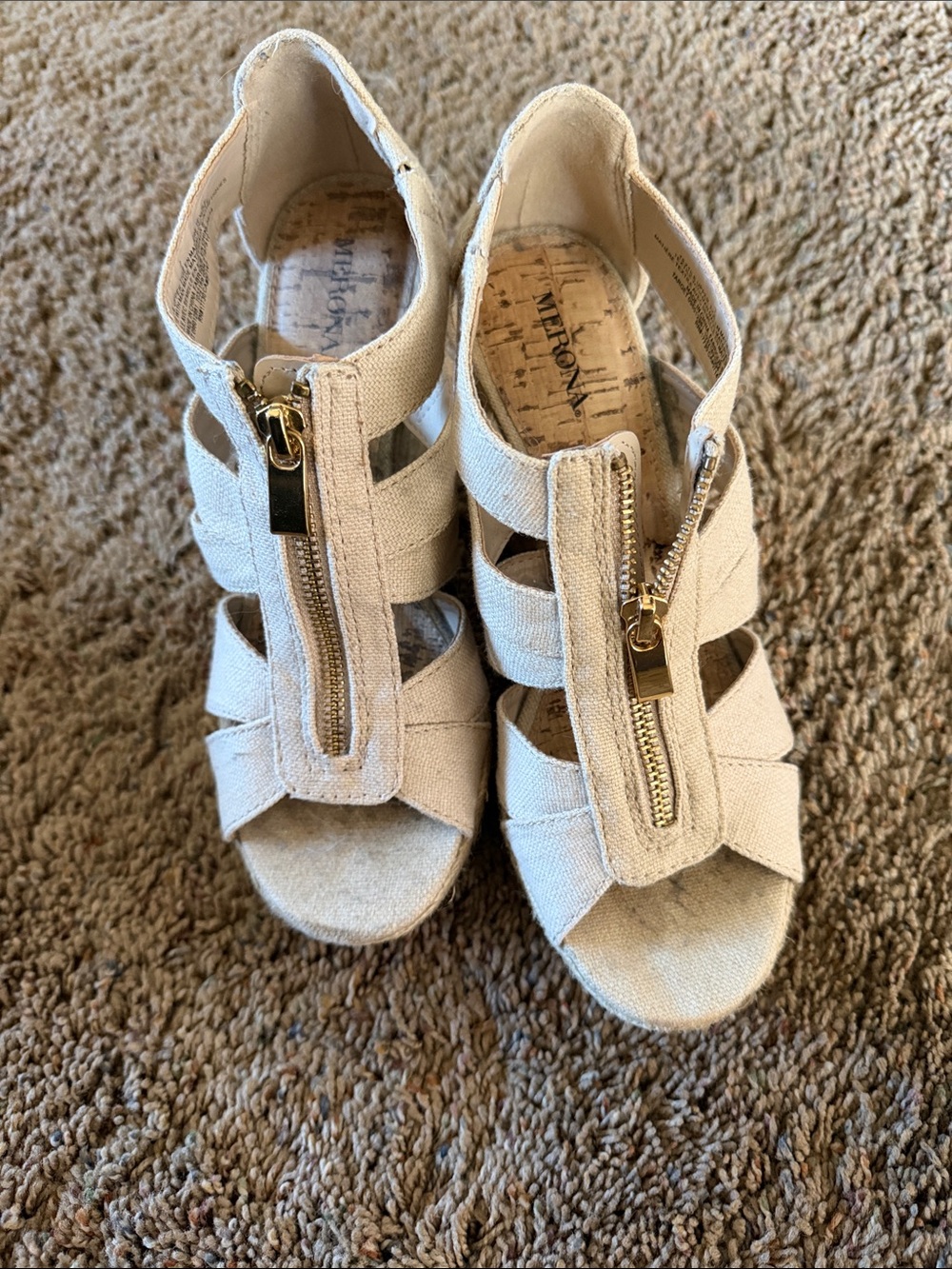 Merona Beige Strappy Wedge Sandals with Front Zip
